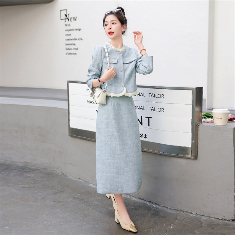 现货小香风2023年春季新款潮流高级有范显瘦收腰优雅甜美两件套,女装套装/套裙,卡杰菲