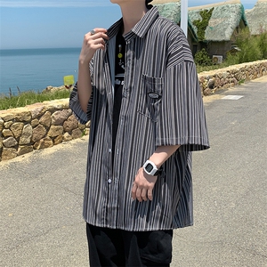 衬衫男设计感小众慵懒风条纹短袖衬衣日系上衣七分袖  W1041-P32图片