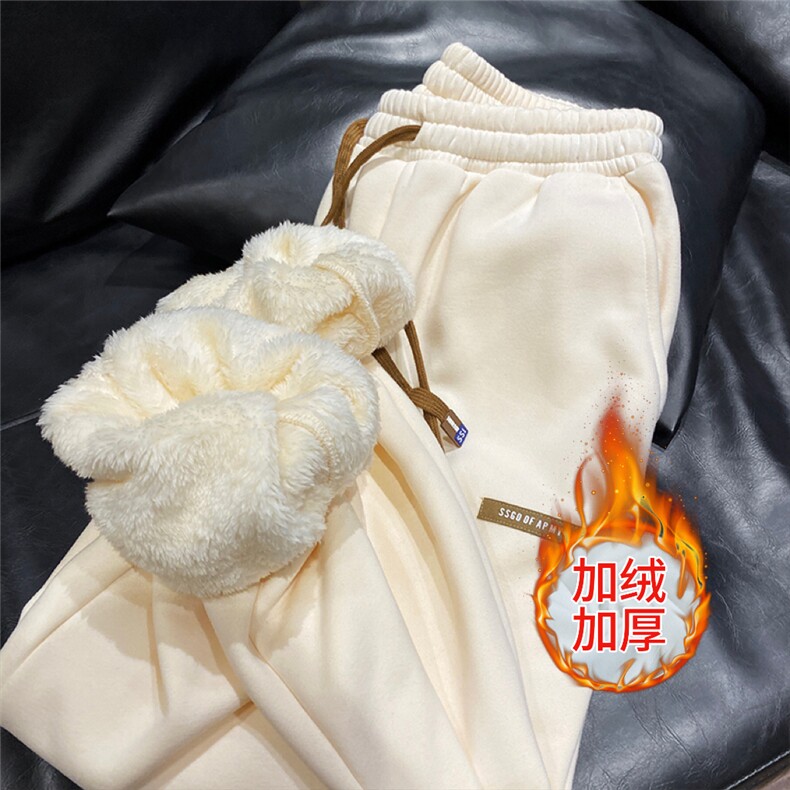 羊羔毛加绒卫裤男女秋冬百搭加厚保暖裤子2022设计感小众运动裤图片