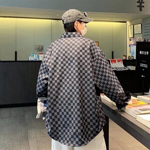 男长袖衬衫高街中性风棋盘格衬衫C13P32图片