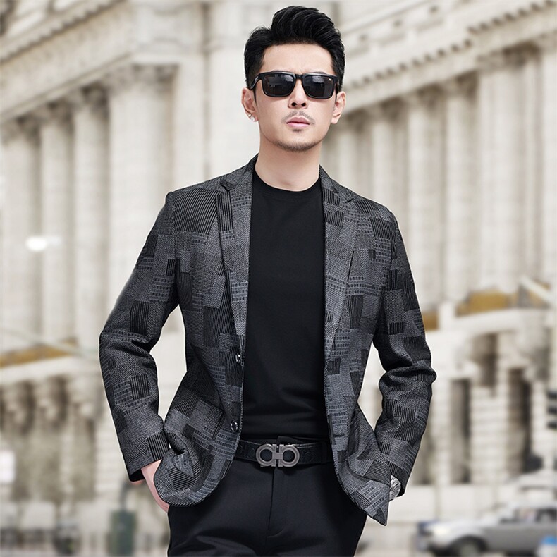春秋款男士皮衣印花西服商务休闲男装中年夹克爸爸装图片