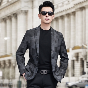 春秋款男士皮衣印花西服商务休闲男装中年夹克爸爸装图片
