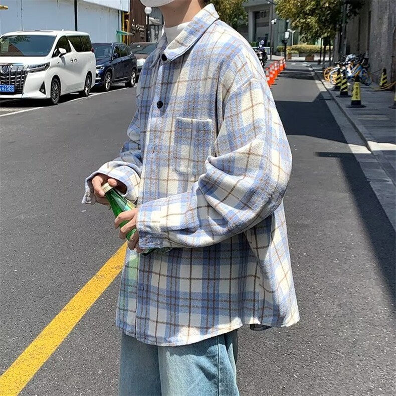 春秋港风复古休闲衬衣潮牌ins宽松格子衬衫男长袖外套W5747-P35,男装夹克,星座512-2