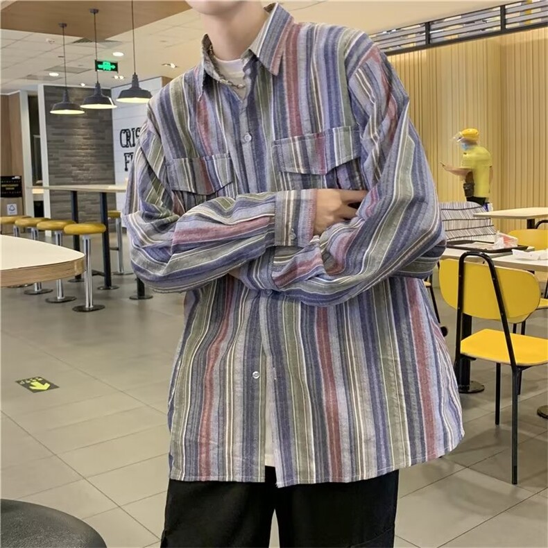 复古条纹长袖衬衫男港风彩虹拼色衬衣原宿风CS728P36图片