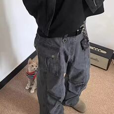 美式复古水洗做旧工装裤男四季潮小众宽松直筒阔腿裤口袋伞兵裤，男装牛仔裤，星座506A