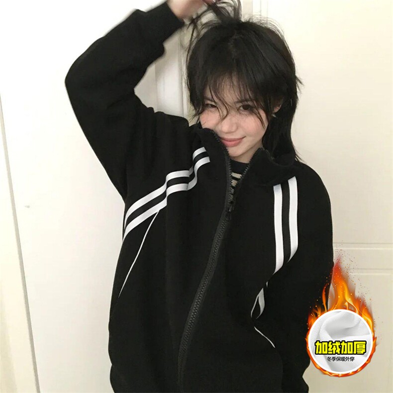 480G重磅加绒硬挺boxy男女秋冬美式高街织带撞色立领卫衣开衫外套,女装短外套,电商A486-1