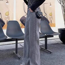 烟灰色绑带牛仔裤女秋季韩版高腰显瘦宽松百搭潮流直筒阔腿裤，男装牛仔裤，星座506A