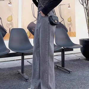 烟灰色绑带牛仔裤女秋季韩版高腰显瘦宽松百搭潮流直筒阔腿裤图片