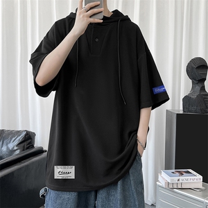 LD54062-P45 连帽短袖t恤男大码胖子带帽五分袖中袖图片