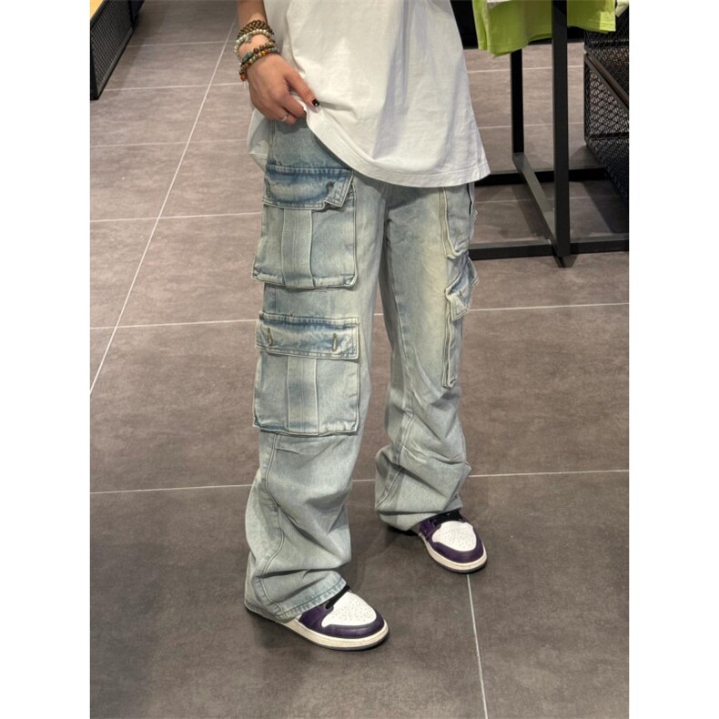【有货】浅蓝色多口袋工装牛仔裤男款宽松美式裤子K8034CC-特P56,男装牛仔裤,星座1007（原301D）