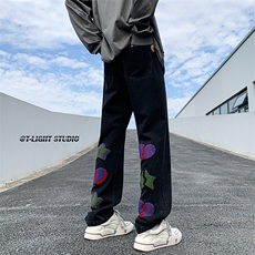 B221美式ins高街暗黑小众情侣毛巾绣直筒牛仔裤LK23021-P65控88，男装牛仔裤，电商B221