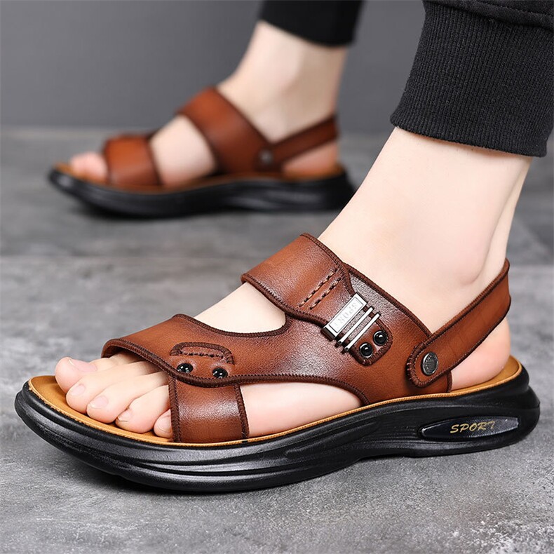 男士头层牛皮沙滩鞋时尚休闲真皮拖鞋男露趾凉鞋，男鞋凉鞋，电商A223