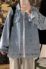 2021秋季新海报墙港风大码男破洞字母刺绣牛仔夹克外套NJ8023-P70，男装夹克，电商A001