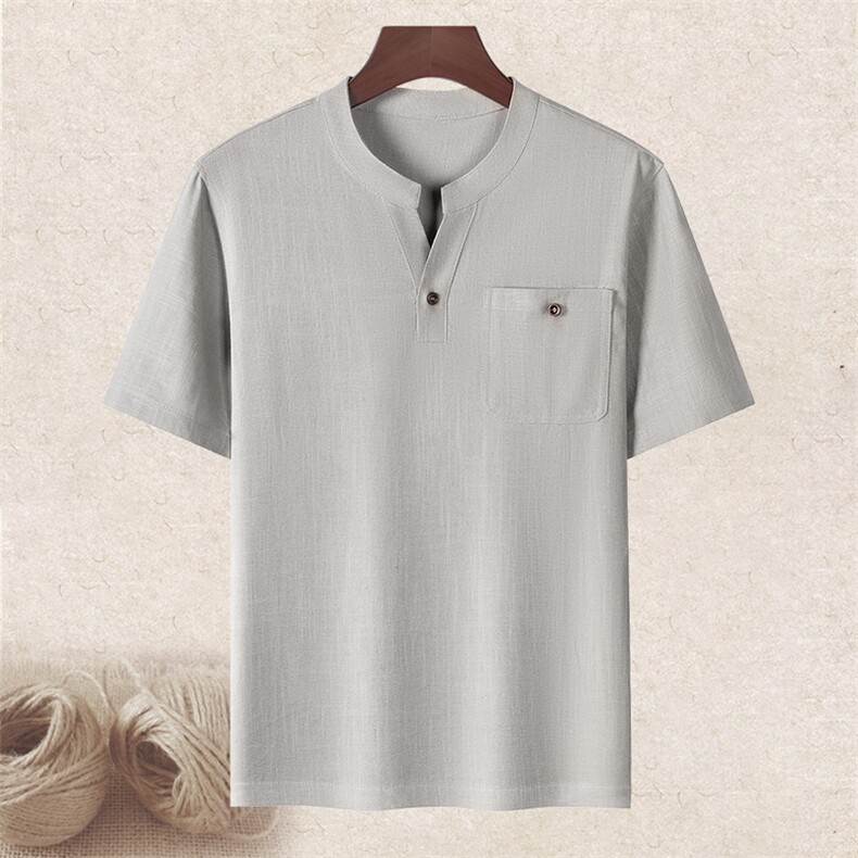 长年现货男士高品质风唐装中老年亚麻V领短袖中年棉麻T恤，男装T恤，钱塘723