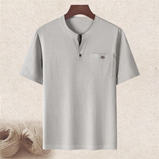 长年现货男士高品质风唐装中老年亚麻V领短袖中年棉麻T恤，男装T恤，钱塘723