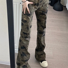 美式高街修身微喇裤子潮流男女工装嘻哈迷彩裤垂坠感休闲裤，女装休闲裤，星座506A