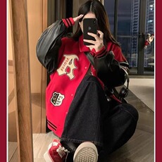 秋冬美式重工多刺绣大学皮袖毛呢棉潮牌情侣款加厚棒球服夹克，男装夹克，星座410-7