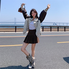 设计感美式复古拼接夹克外套女2025年春秋季新款韩版宽松显瘦上衣，女装套装/套裙，2C088