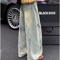 美式脏染水洗做旧直筒牛仔裤男女微喇复古宽松阔腿长裤拖地，男装牛仔裤，星座506A