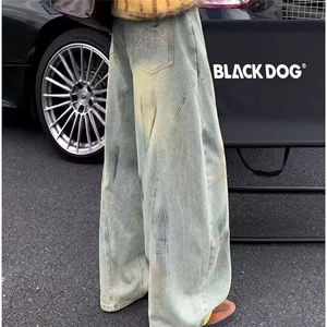 美式脏染水洗做旧直筒牛仔裤男女微喇复古宽松阔腿长裤拖地图片