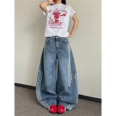 水洗解构弯刀牛仔裤女高街条纹拼接宽松显瘦休闲阔腿裤子NZY601，男装牛仔裤，星座516A
