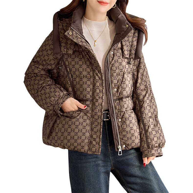 2025冬季新品轻奢时尚休闲印花连帽羽绒服女90白鸭绒,女装羽绒服,余墨