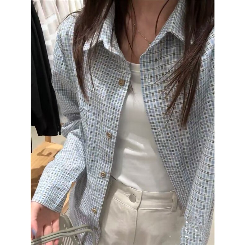 小蓝格浅春系全棉格子衬衫清新复古宽松休闲衬衣外套春夏,男装衬衫,星座506A
