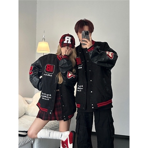 新款高街棒球服情侣装秋冬潮牌PU皮拼接百搭休闲夹克外套JK3989图片