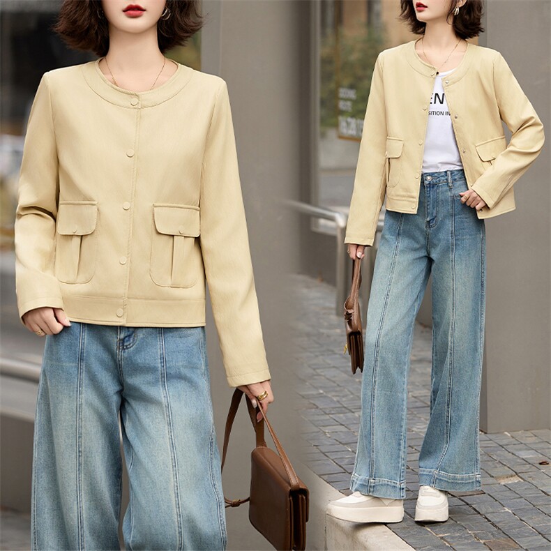 2025春秋季新款高级感质感长袖短款圆领pu皮衣夹克欧美时尚外套女，女装皮衣，江南女神