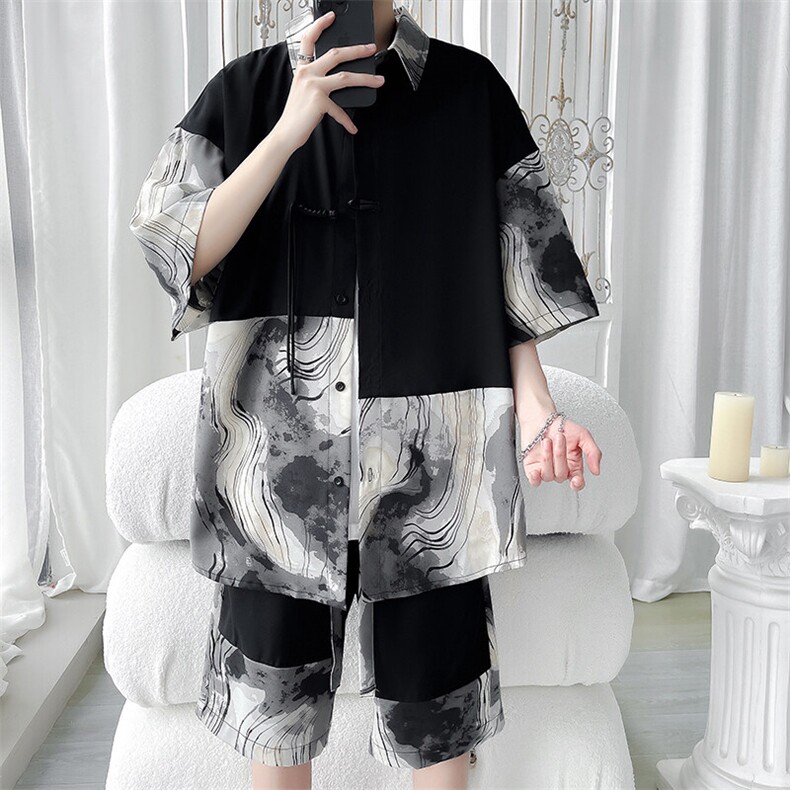 特批P61无差价夏季风盘扣水墨拼接冰丝凉感五分套装男士TZ347，男装休闲套装，电商A001