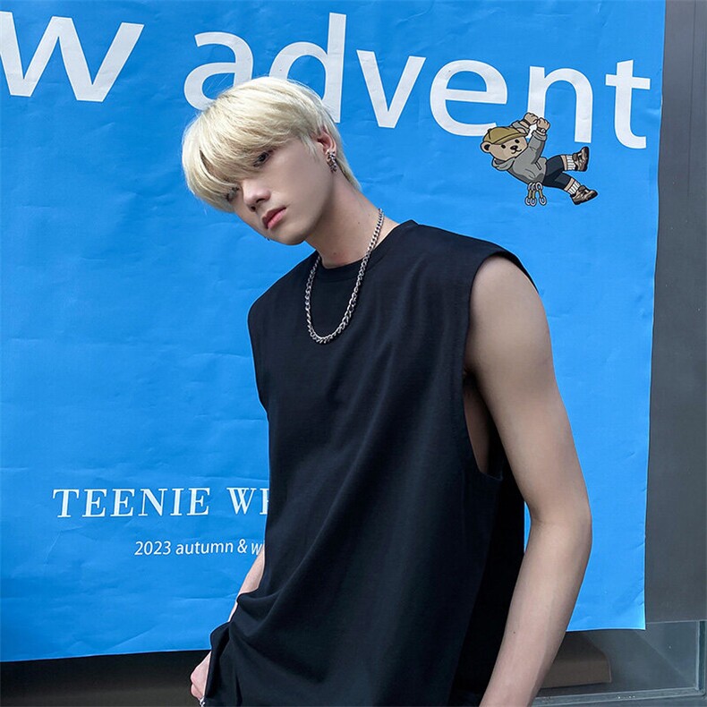 夏季百搭宽松打底无袖T桖上衣港风ins运动简约纯色背心HY48TP13，男装T恤，电商A102B