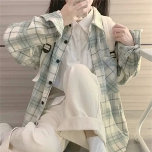 2025新款绿色磨毛格子衬衫女春季法式外搭开衫上衣小个子复古外套图片