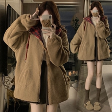 C926-P125冬季羊羔毛拼格子连帽防寒服外套宽松加厚保暖开衫外套，男装棉衣，星座911-2(原星座613-2）