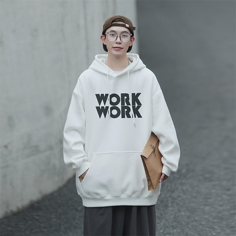 2024新款work印花宽松连帽卫衣 Y121 常规版 P48 加绒版P65 白色图片