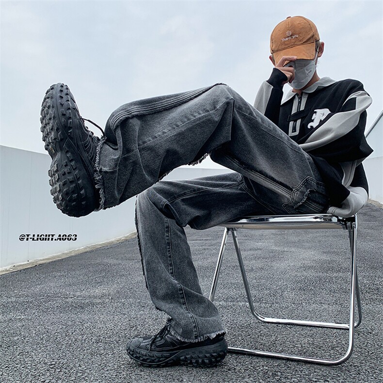 美式ins高街hiphop重工艺水洗毛边牛仔裤货号K712P65图片