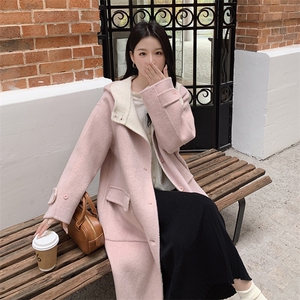 韩系甜美连帽双面羊毛大衣女2025秋冬季新款显瘦保暖长款呢子外套图片