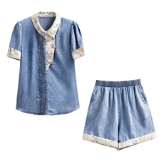 牛仔短裤套装2025年夏短袖两件套国风撞色潮流提花拼接牛仔两件套，女装套装/套裙，橙子家