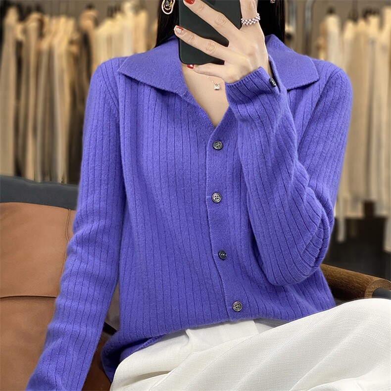 鄂尔多斯市春秋新款翻领100羊毛针织开衫外套女时尚薄外搭毛衣,女装羊毛衫,盛鼎羊绒