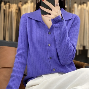 鄂尔多斯市春秋新款翻领100羊毛针织开衫外套女时尚薄外搭毛衣图片