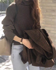 秋季新款舒适显瘦时尚百搭坑条堆领打底衫，女装羊毛衫，恒恩羊绒