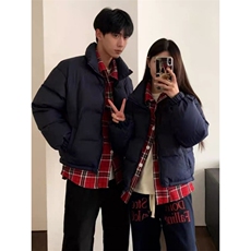 1506-1/M2081情侣款假两件套/P76冬季新款潮牌假两件格子拼接棉服，男装棉衣，星座1506-1