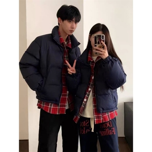 1506-1/M2081情侣款假两件套/P76冬季新款潮牌假两件格子拼接棉服图片