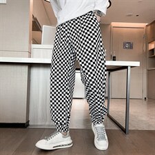 休闲裤夏季新款青少年棋盘格哈伦裤薄款ins潮流黑白格宽松束脚裤,男装休闲裤,电商A327