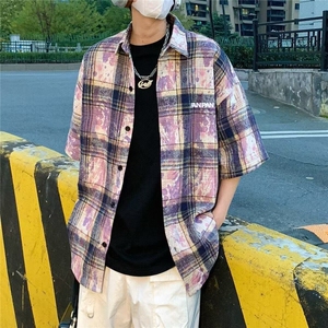 网络图现货扎染刺绣格子短袖衬衫衬衣五分袖 RYC97-P38图片