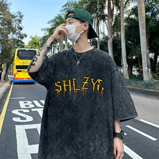 B239-1162-P38创意字母印花复古水洗做旧半袖重磅短袖T恤美式，男装T恤，星座514-2(原B239)