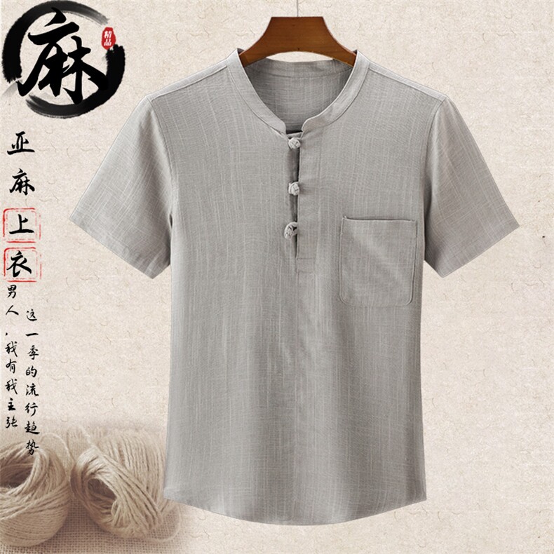大货新款男款中年风亚麻短袖T恤棉麻套头爸爸装上衣半袖，男装T恤，钱塘723