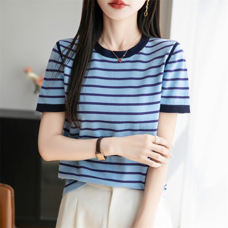 2025新款夏季拼色女圆领肩线条纹针织短袖T恤衫洋气小衫打底衫,女装T恤,秋双羊绒