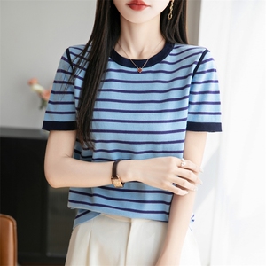 2025新款夏季拼色女圆领肩线条纹针织短袖T恤衫洋气小衫打底衫图片