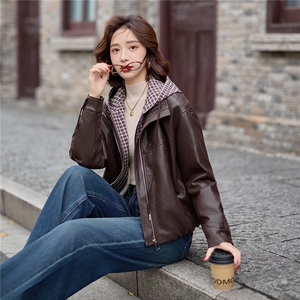 加绒皮衣外套女连帽格子拼接上衣2025冬季新款加厚毛皮夹克机车服图片