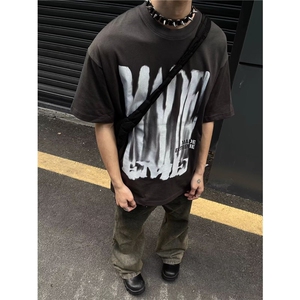 纯棉220g美式复古短袖男士夏季2025新款做旧上衣印花圆领五分袖潮图片